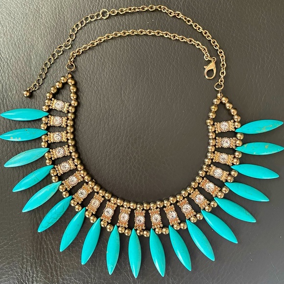 Turquoise, Crystal and Gold Statement Necklace - Picture 1 of 4